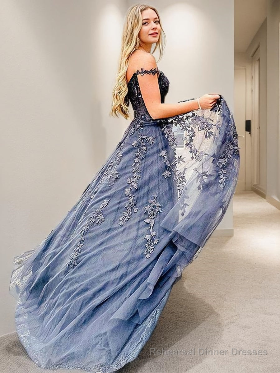 A-Line/Princess Off-the-Shoulder Sweep Train Tulle Prom Dresses With Appliques Lace Secondary image