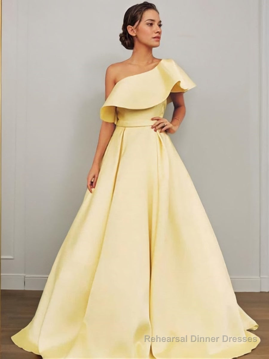 A-Line/Princess One-Shoulder Floor-Length Satin Prom Dresses With Ruffles Main image