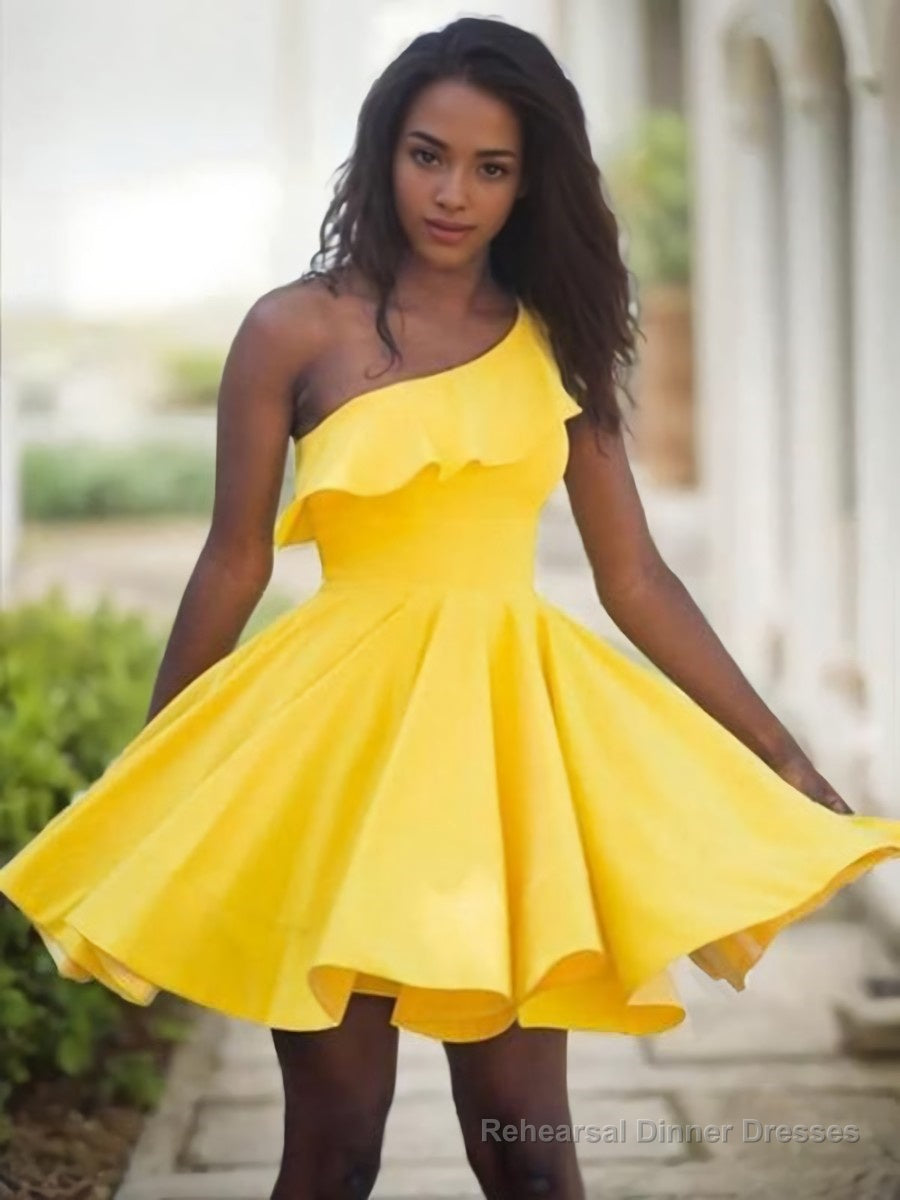 A-Line/Princess One-Shoulder Short/Mini Satin Homecoming Dresses With Ruffles Main image
