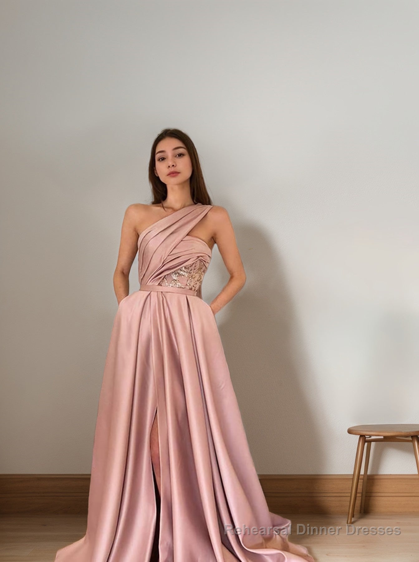 A-Line/Princess One-Shoulder Sweep Train Satin Prom Dresses With Pockets Secondary image