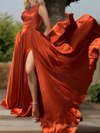 A-Line/Princess One-Shoulder Sweep Train Silk like Satin Prom Dresses With Leg Slit