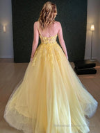 A-Line/Princess One-Shoulder Sweep Train Tulle Prom Dresses With Appliques Lace