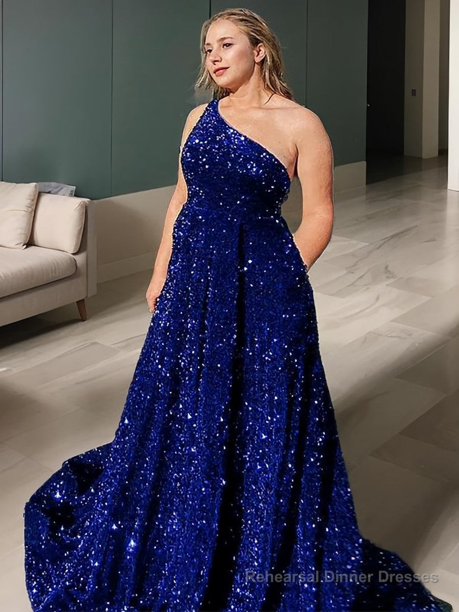 A-Line/Princess One-Shoulder Sweep Train Velvet Sequins Prom Dresses With Pockets Main image