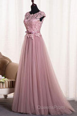 A-Line/Princess Sash Tulle Floor-Length Lace Evening Prom Dress