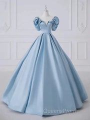 A-Line Princess Satin Blue Long Evening Prom Dress Quinceanera Dress Elegant Evening Dress