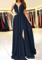 A-line/Princess Scalloped Neck Sleeveless Long/Floor-Length Chiffon Prom Dresses With Split