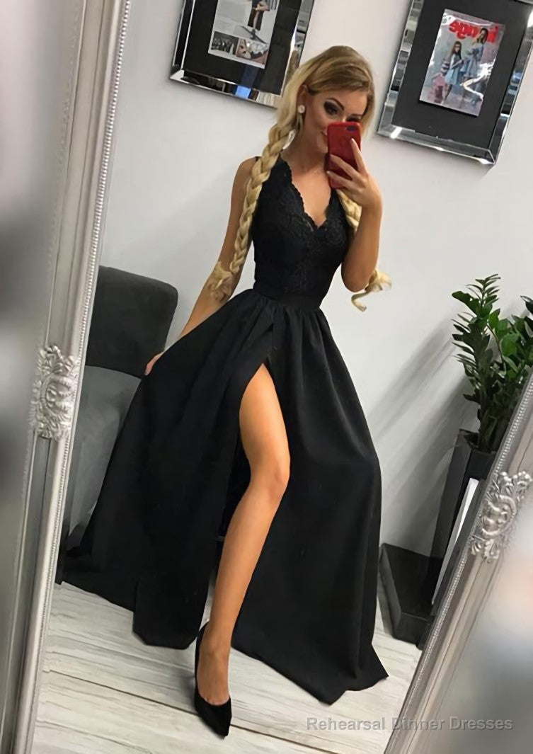 A-line/Princess Scalloped Neck Sleeveless Long/Floor-Length Elastic Satin Prom Dresses With Lace Split Main image