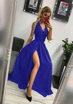A-line/Princess Scalloped Neck Sleeveless Long/Floor-Length Elastic Satin Prom Dresses With Lace Split