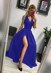 A-line/Princess Scalloped Neck Sleeveless Long/Floor-Length Elastic Satin Prom Dresses With Lace Split