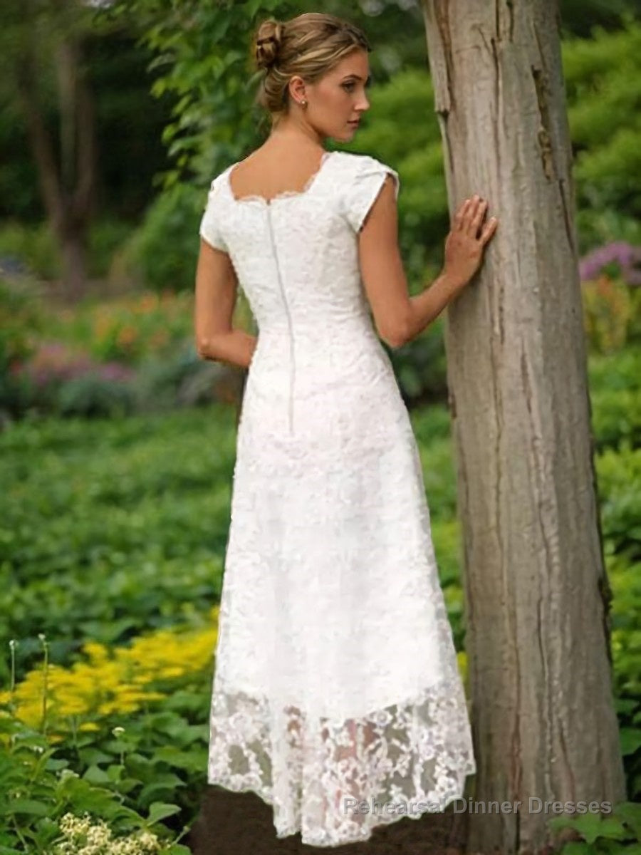 A-Line/Princess Scoop Asymmetrical Lace Wedding Dresses Secondary image