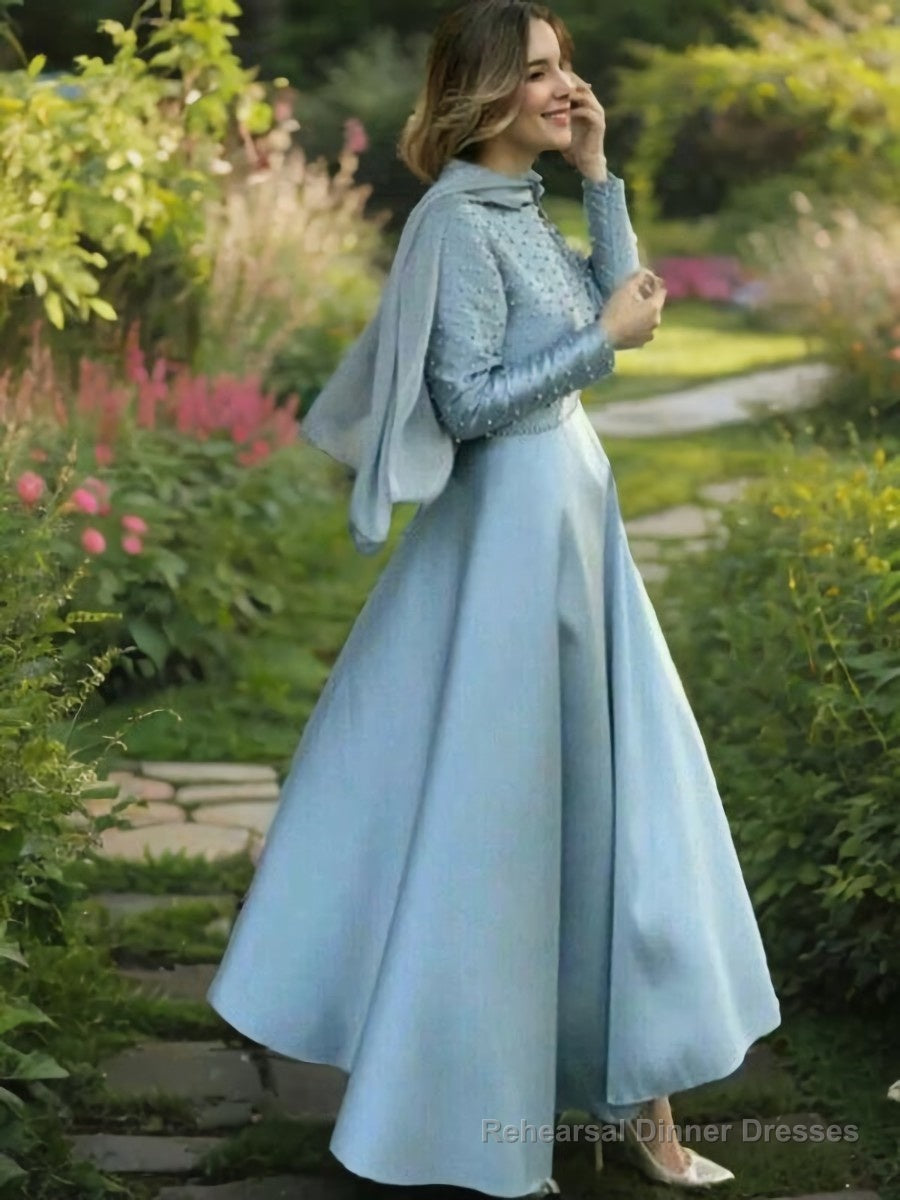 A-Line/Princess Scoop Floor-Length Satin Prom Dresses With Beading Main image