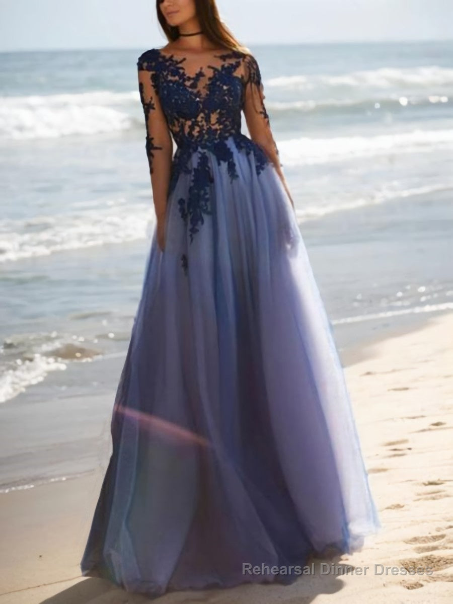 A-Line/Princess Scoop Floor-Length Tulle Evening Dresses With Appliques Lace Main image