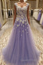 A-Line/Princess Scoop Floor-Length Tulle Evening Dress With Appliques Lace