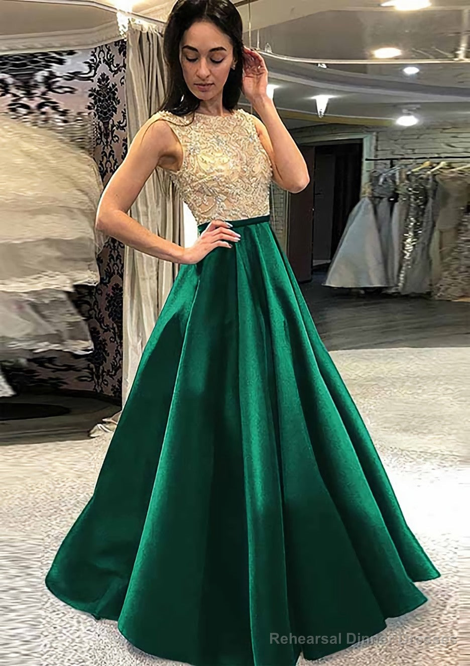 A-line/Princess Scoop Neck Sleeveless Long/Floor-Length Satin Prom Dresses With Beading