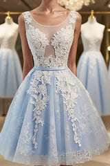A-Line/Princess Scoop Short/Mini Tulle Homecoming Dress With Appliques Lace