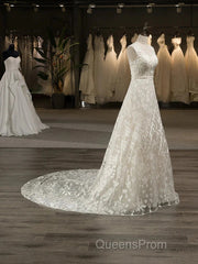 A-Line/Princess Scoop Sleeveless Tulle Applique Covered Button Court Train Wedding Dress