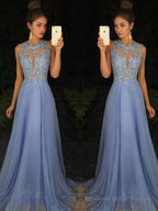 A-Line/Princess Scoop Sweep Train Chiffon Prom Dresses With Appliques Lace
