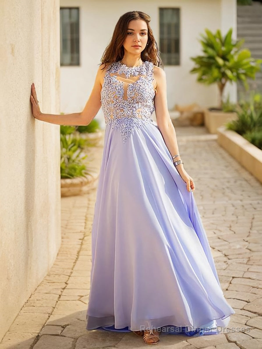 A-Line/Princess Scoop Sweep Train Chiffon Prom Dresses With Appliques Lace Secondary image