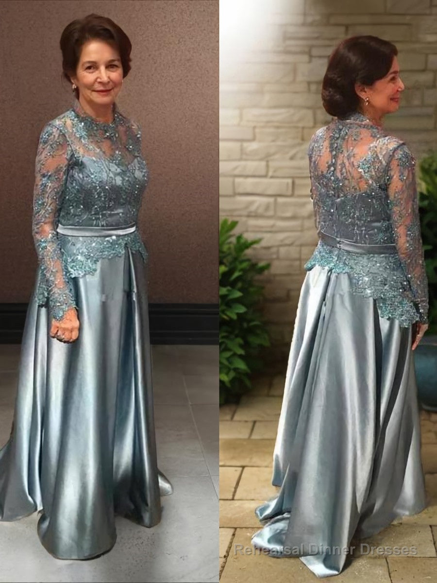 A-Line/Princess Scoop Sweep Train Elastic Woven Satin Mother of the Bride Dresses With Applique