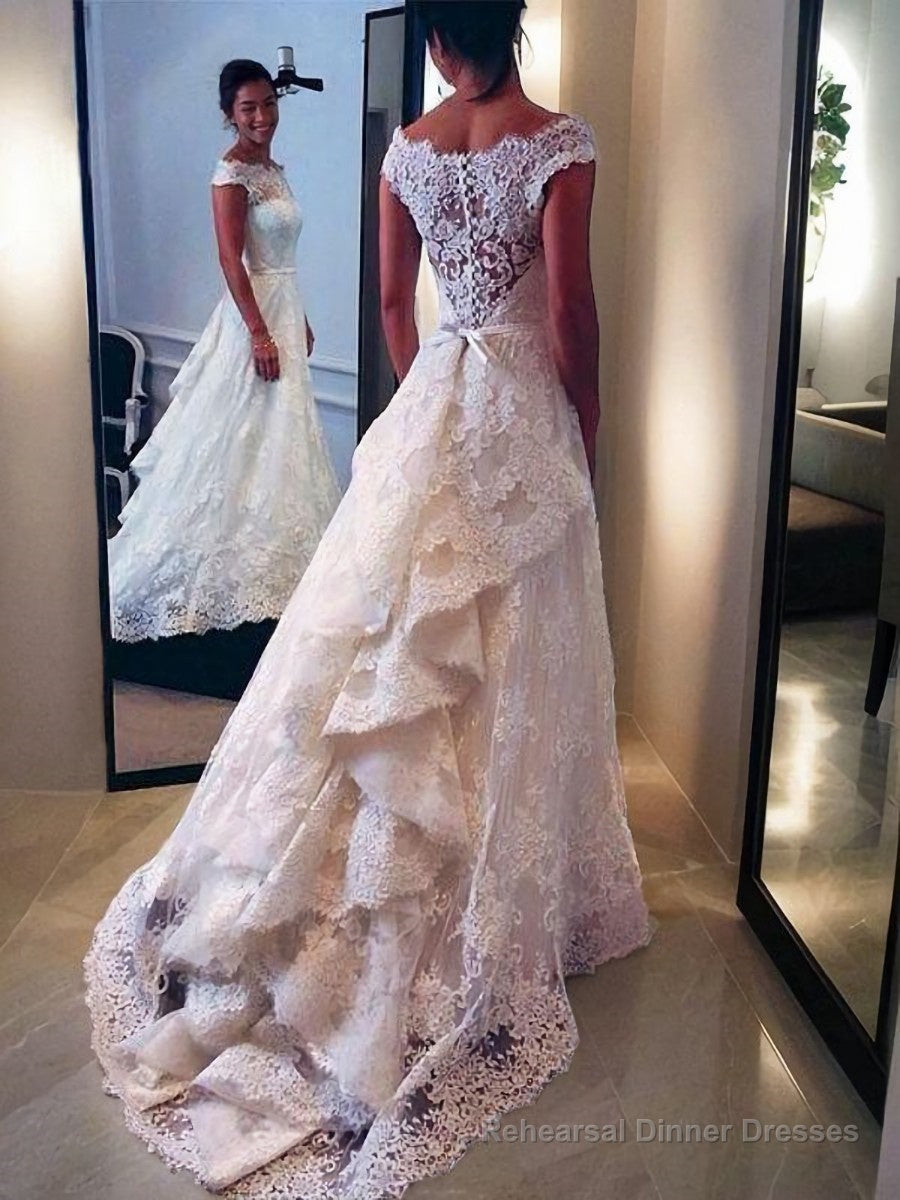 A-Line/Princess Scoop Sweep Train Lace Wedding Dresses With Belt/Sash Main image