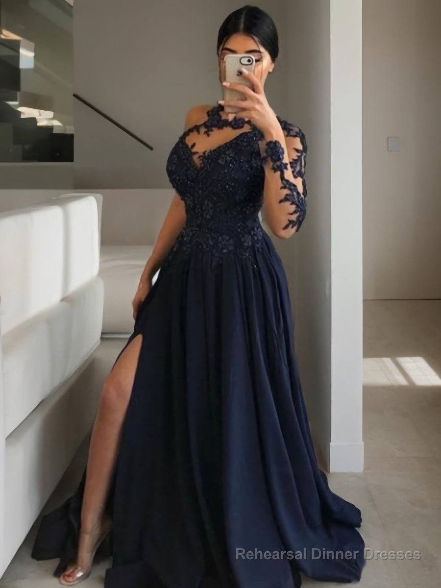 A-Line/Princess Scoop Sweep Train Satin Prom Dresses With Leg Slit Main image