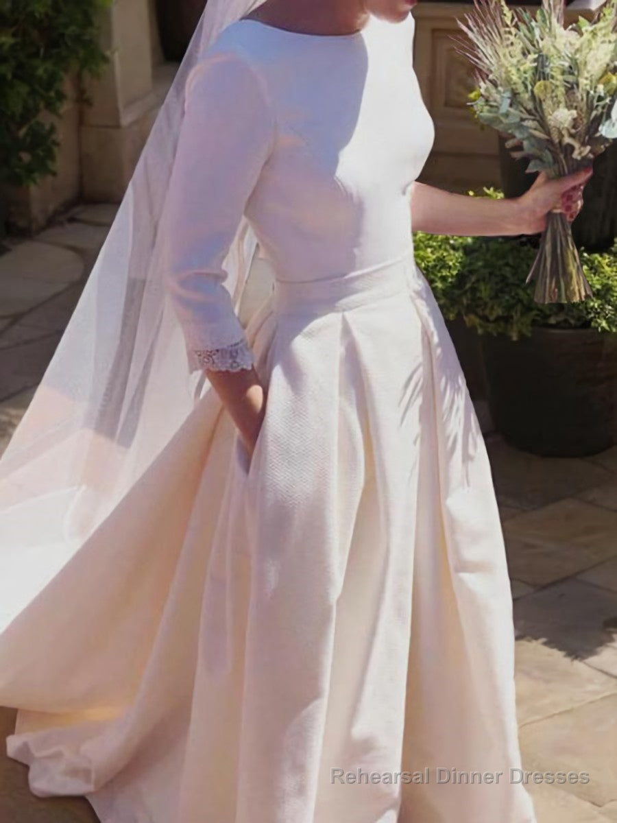 A-Line/Princess Scoop Sweep Train Stretch Crepe Wedding Dresses With Ruffles Main image