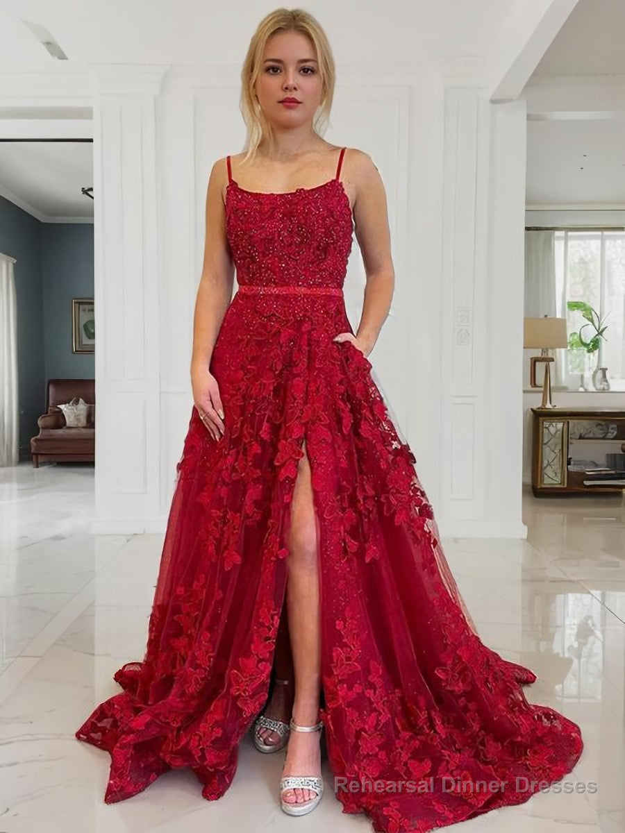 A-Line/Princess Spaghetti Straps Court Train Tulle Prom Dresses With Leg Slit Main image