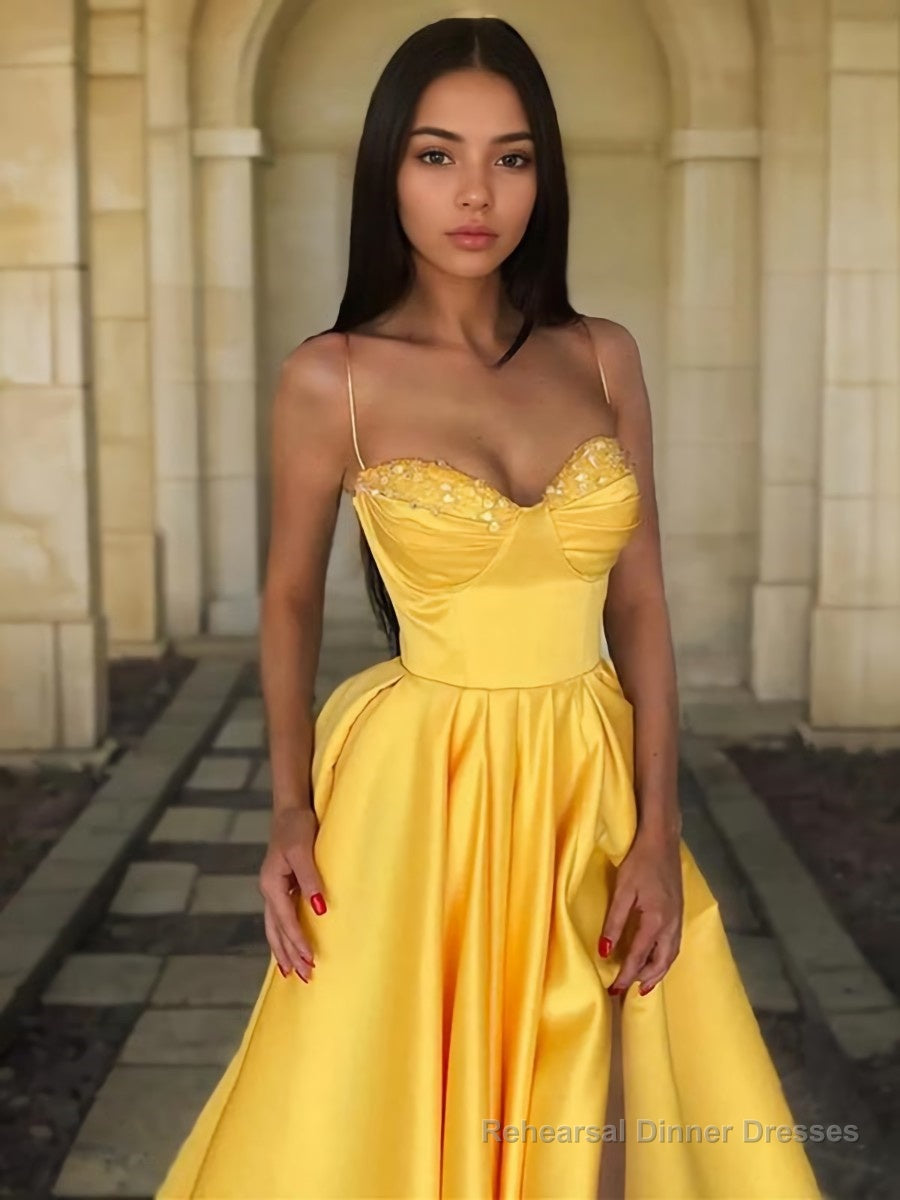 A-Line/Princess Spaghetti Straps Floor-Length Satin Prom Dresses With Leg Slit Secondary image