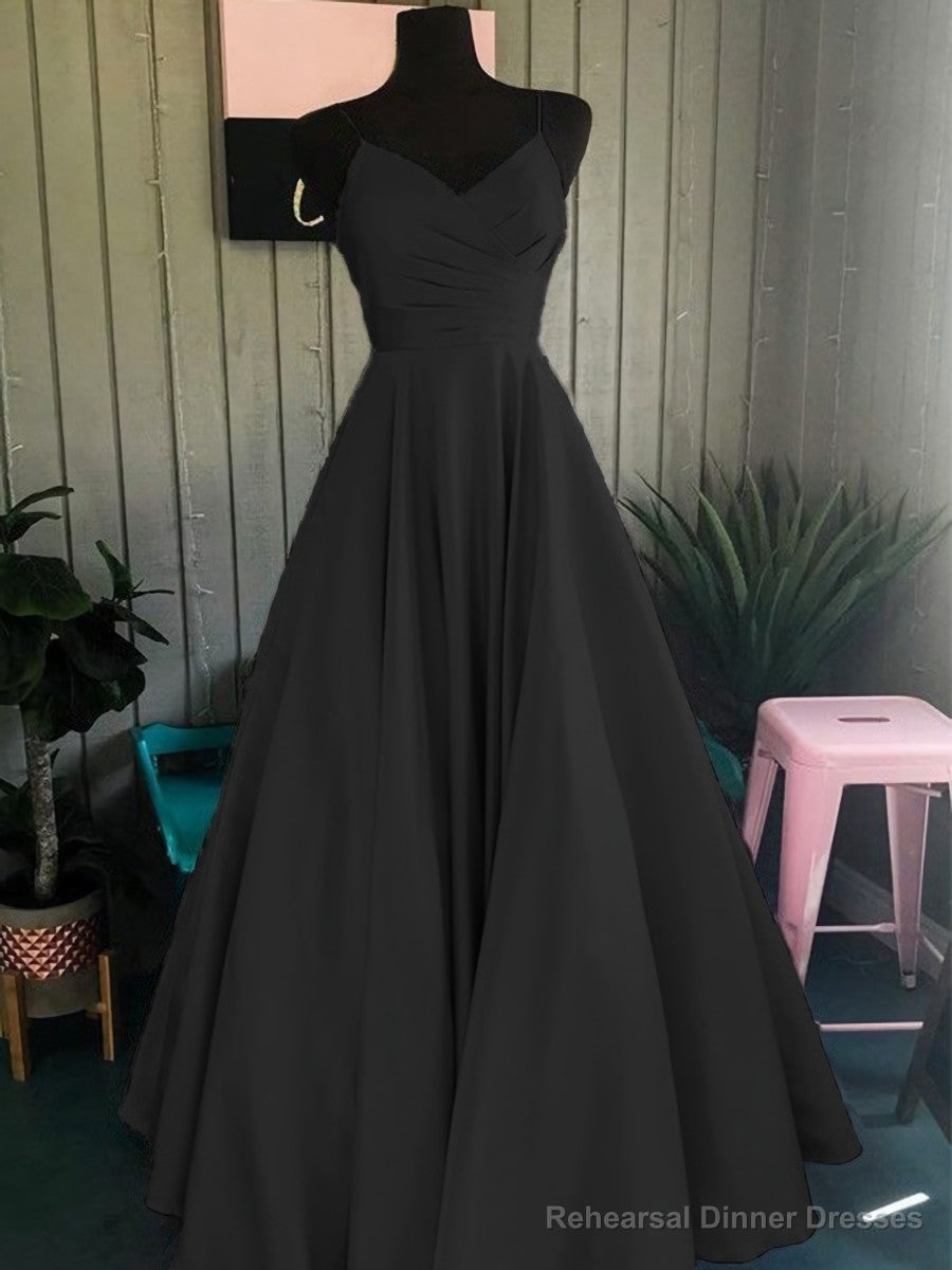 A-Line/Princess Spaghetti Straps Floor-Length Satin Prom Dresses With Ruffles Secondary image