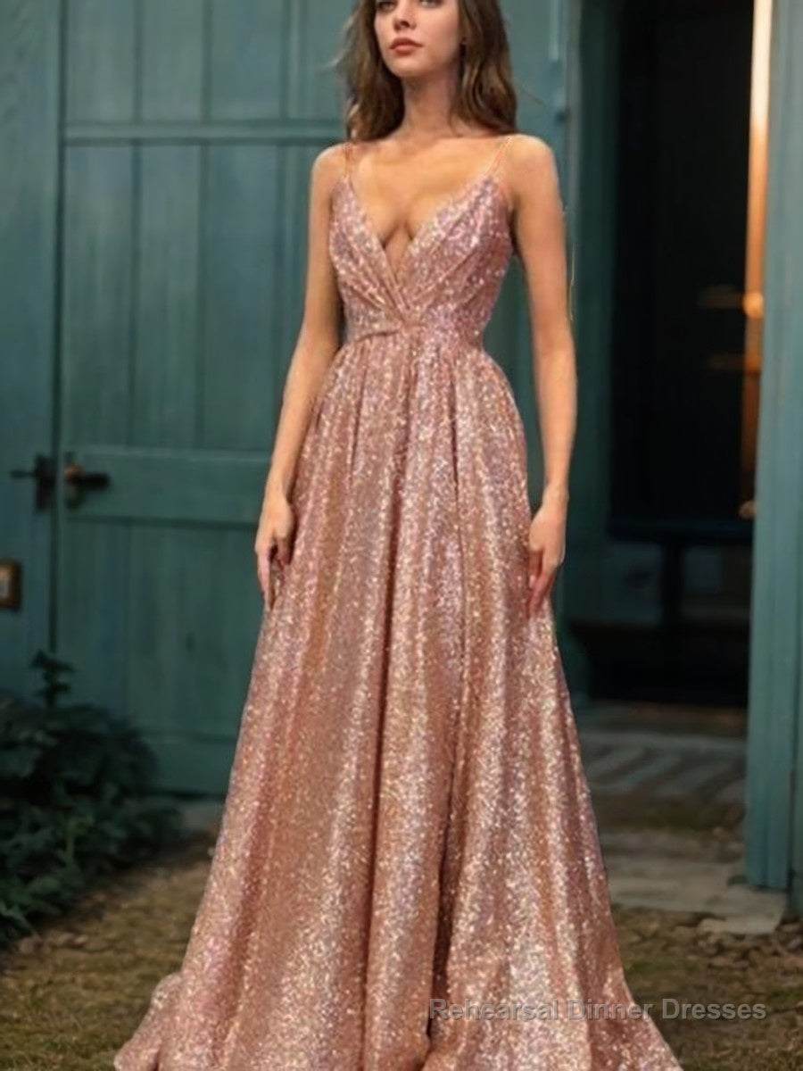 A-Line/Princess Spaghetti Straps Floor-Length Sequins Evening Dresses With Ruffles Main image
