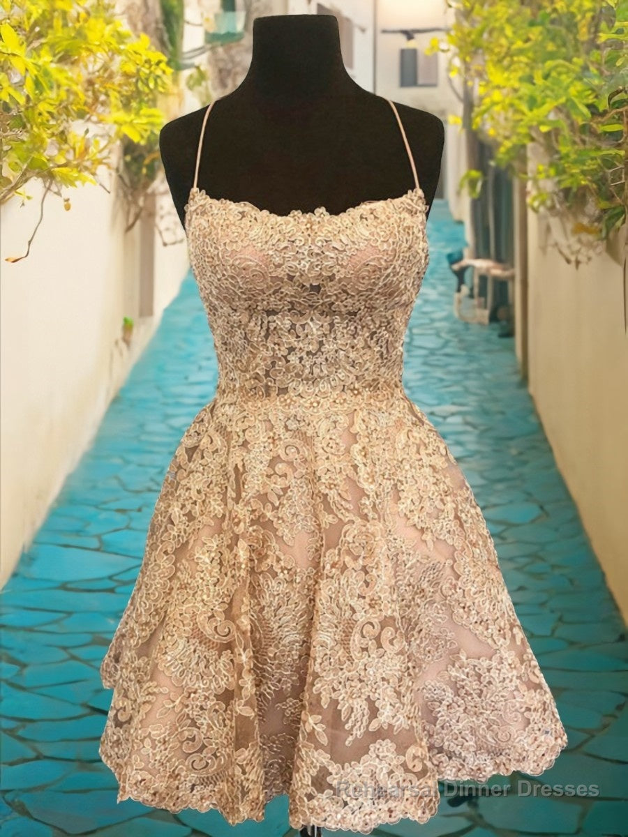 A-Line/Princess Spaghetti Straps Short/Mini Lace Homecoming Dresses With Appliques Lace Secondary image