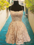 A-Line/Princess Spaghetti Straps Short/Mini Lace Homecoming Dresses With Appliques Lace