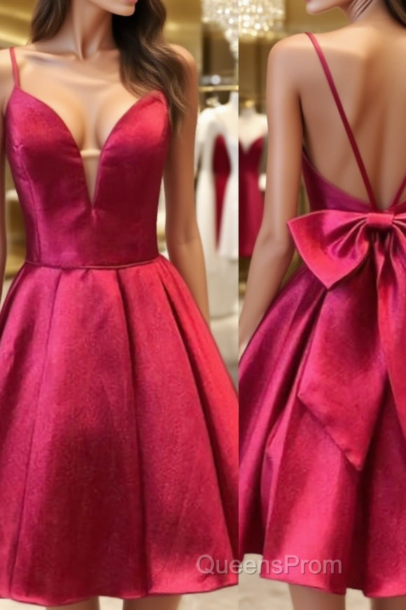 A-Line/Princess Spaghetti Straps Short/Mini Satin Homecoming Dress With Bow Main image
