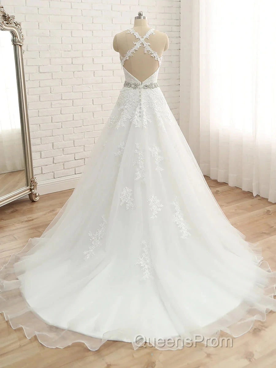 A-Line/Princess Spaghetti Straps Sleeveless Applique With Belt Tulle Floor-Length Wedding Dress Secondary image