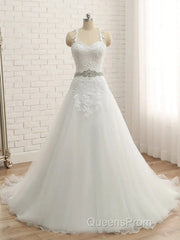 A-Line/Princess Spaghetti Straps Sleeveless Applique With Belt Tulle Floor-Length Wedding Dress