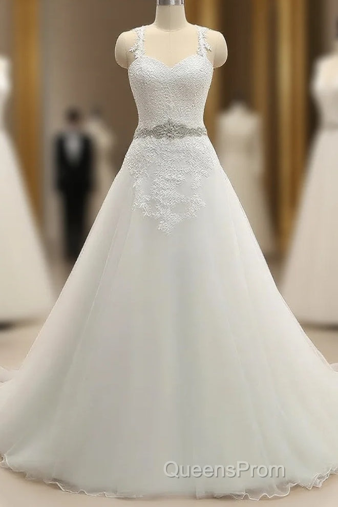 A-Line/Princess Spaghetti Straps Sleeveless Applique With Belt Tulle Floor-Length Wedding Dress Main image