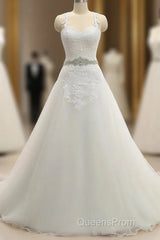 A-Line/Princess Spaghetti Straps Sleeveless Applique With Belt Tulle Floor-Length Wedding Dress