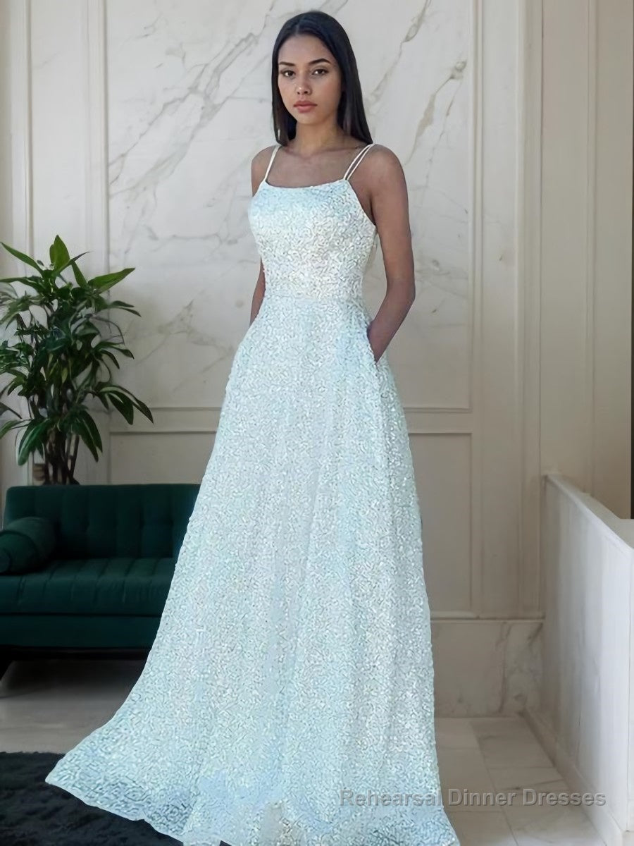 A-Line/Princess Spaghetti Straps Sweep Train Sequins Prom Dresses With Pockets Main image