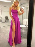 A-Line/Princess Spaghetti Straps Sweep Train Silk like Satin Prom Dresses With Leg Slit
