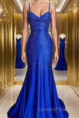 A-Line/Princess Spaghetti Straps Sweep Train Silk like Satin Evening Prom Dress With Ruffles