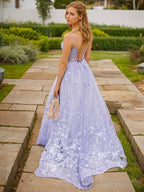A-Line/Princess Spaghetti Straps Sweep Train Tulle Prom Dresses With Appliques Lace