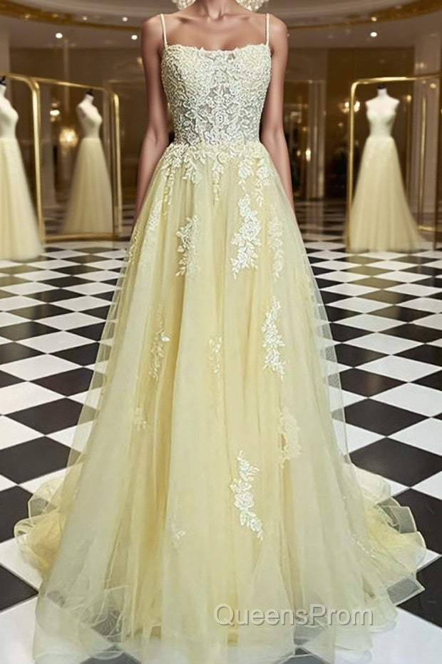 A-Line/Princess Spaghetti Straps Sweep Train Tulle Evening Prom Dress With Appliques Lace