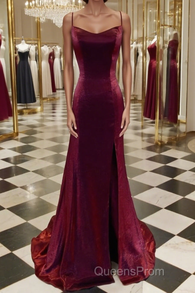A-Line/Princess Spaghetti Straps Sweep Train Velvet Evening Prom Dress With Leg Slit Main image