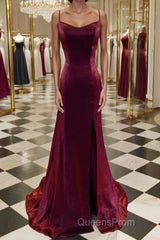 A-Line/Princess Spaghetti Straps Sweep Train Velvet Evening Prom Dress With Leg Slit