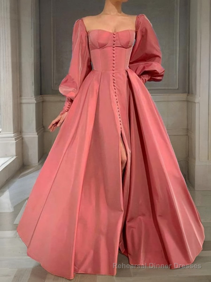 A-Line/Princess Square Floor-Length Satin Prom Dresses With Leg Slit Main image