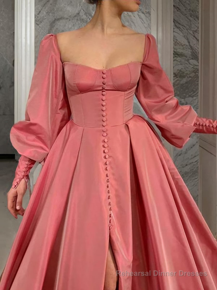 A-Line/Princess Square Floor-Length Satin Prom Dresses With Leg Slit Secondary image