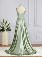 A-Line/Princess Square Sweep Train Silk like Satin Bridesmaid Dress with Leg Slit