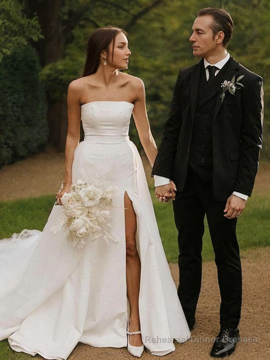 A-Line/Princess Strapless Cathedral Train Stretch Crepe Wedding Dresses With Leg Slit Main image