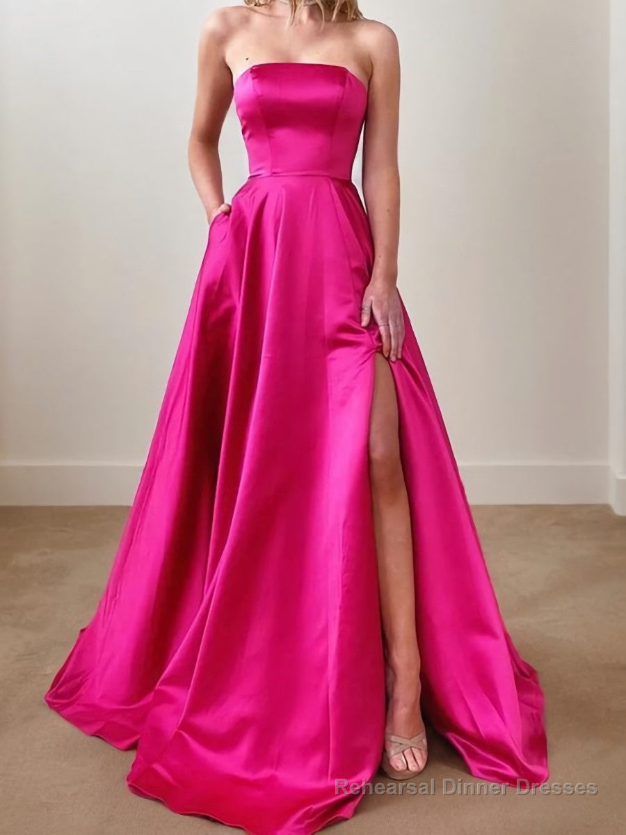 A-Line/Princess Strapless Sweep Train Satin Prom Dresses With Leg Slit Main image