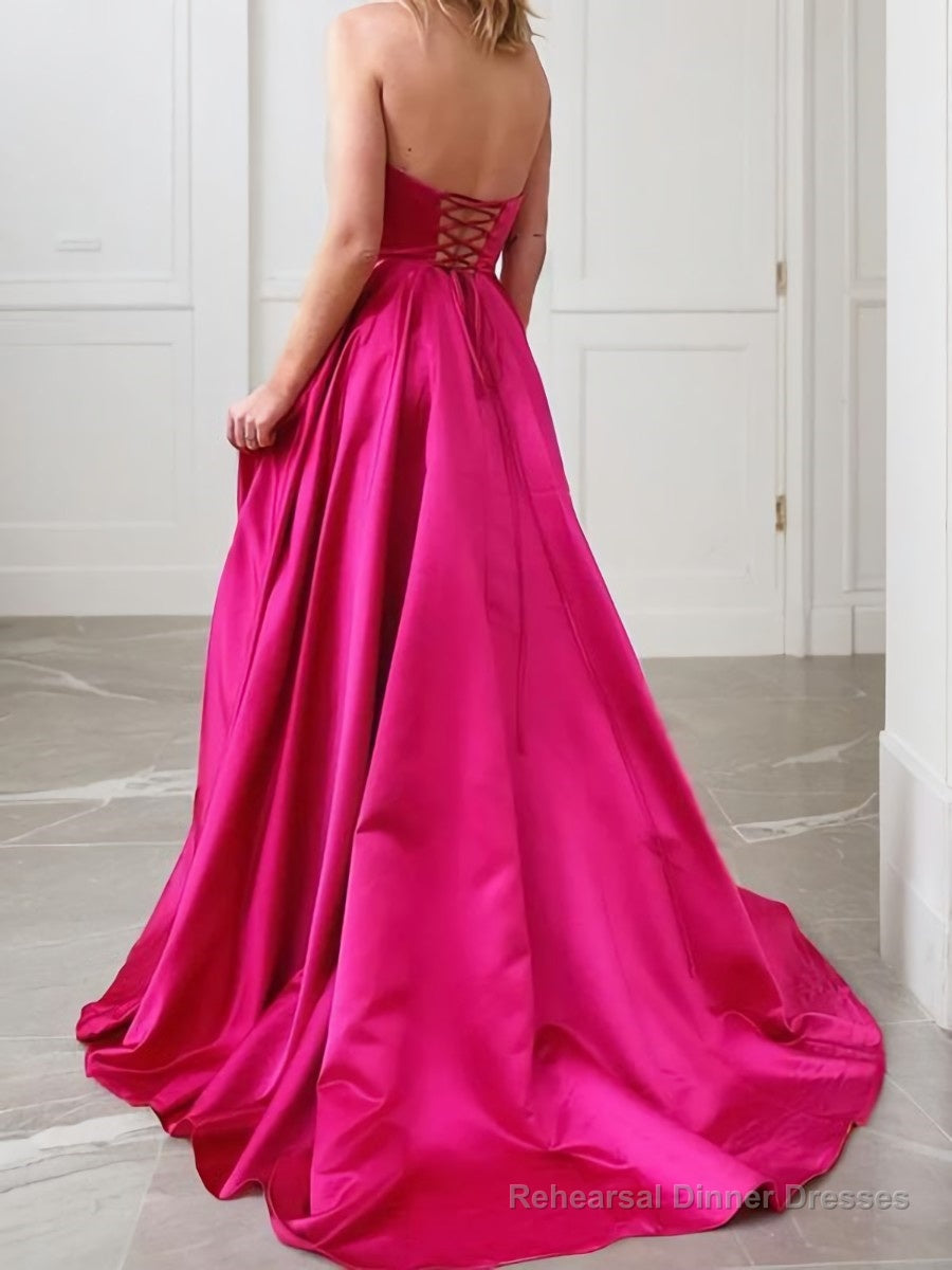 A-Line/Princess Strapless Sweep Train Satin Prom Dresses With Leg Slit Secondary image